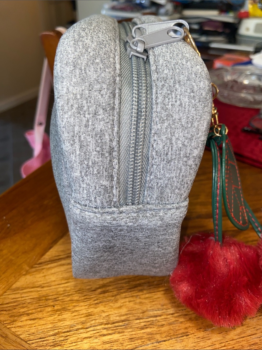 Frida Gray Travel Cosmetic Bag with Red Pom-Pom Charm - Picture 3 of 7